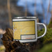 Right View Custom Marshall Minnesota Map Enamel Mug in Woodblock on Grass With Trees in Background