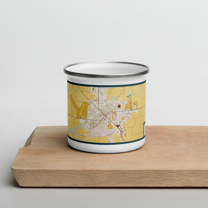 Front View Custom Marshall Minnesota Map Enamel Mug in Woodblock on Cutting Board