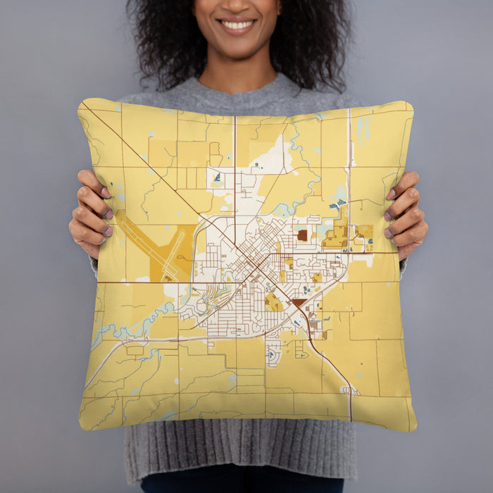 Person holding 18x18 Custom Marshall Minnesota Map Throw Pillow in Woodblock