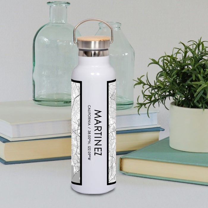 Martinez California Custom City Map Inscription Coordinates on 20oz Stainless Steel Insulated Bottle with Bamboo Top with printed classic style map