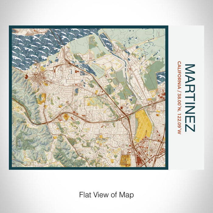 Rendered View of Martinez California Map on 20oz Stainless Steel Insulated Bottle with Bamboo Top with printed woodblock style map