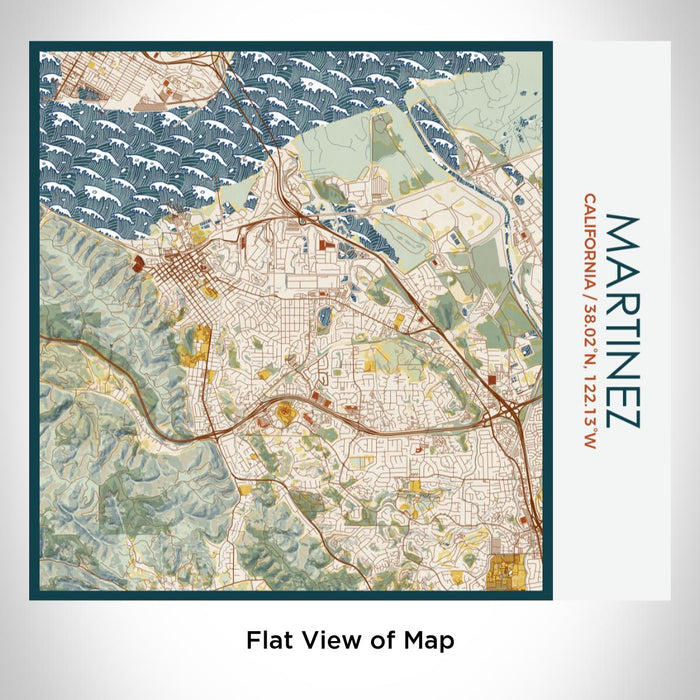 Rendered View of Martinez California Map on 17oz Stainless Steel Insulated Tumbler in Woodblock Map Style