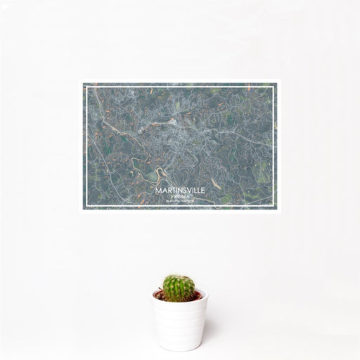 12x18 Martinsville Virginia Map Print Landscape Orientation in Afternoon Style With Small Cactus Plant in White Planter