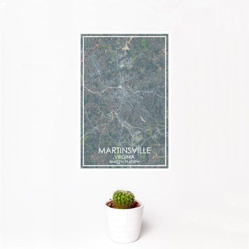 12x18 Martinsville Virginia Map Print Portrait Orientation in Afternoon Style With Small Cactus Plant in White Planter