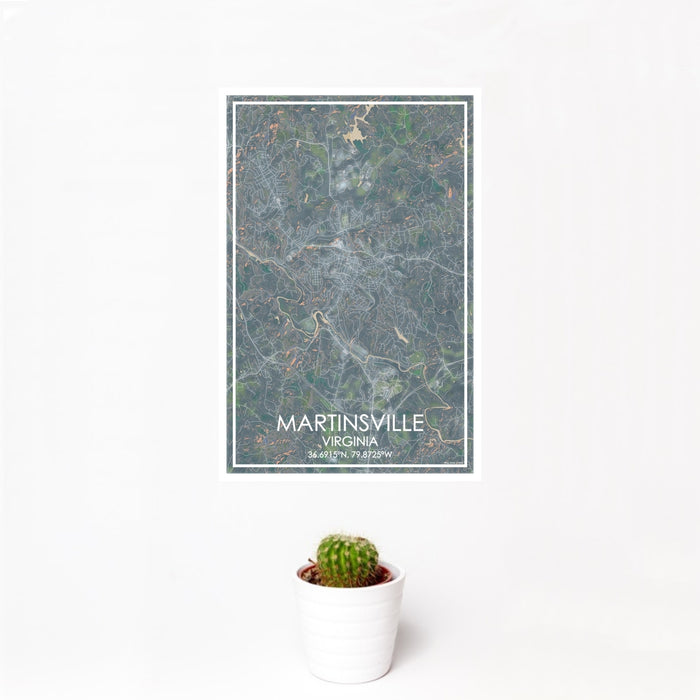 12x18 Martinsville Virginia Map Print Portrait Orientation in Afternoon Style With Small Cactus Plant in White Planter