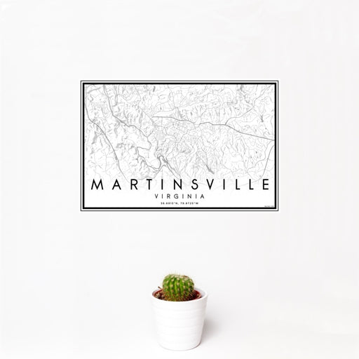 12x18 Martinsville Virginia Map Print Landscape Orientation in Classic Style With Small Cactus Plant in White Planter