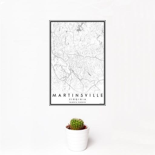 12x18 Martinsville Virginia Map Print Portrait Orientation in Classic Style With Small Cactus Plant in White Planter