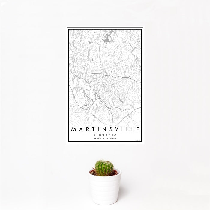 12x18 Martinsville Virginia Map Print Portrait Orientation in Classic Style With Small Cactus Plant in White Planter