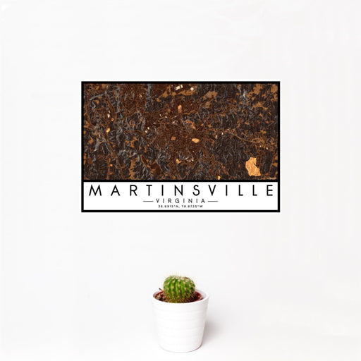 12x18 Martinsville Virginia Map Print Landscape Orientation in Ember Style With Small Cactus Plant in White Planter