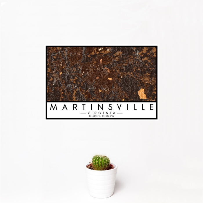 12x18 Martinsville Virginia Map Print Landscape Orientation in Ember Style With Small Cactus Plant in White Planter