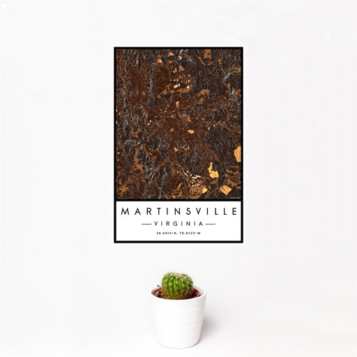 12x18 Martinsville Virginia Map Print Portrait Orientation in Ember Style With Small Cactus Plant in White Planter