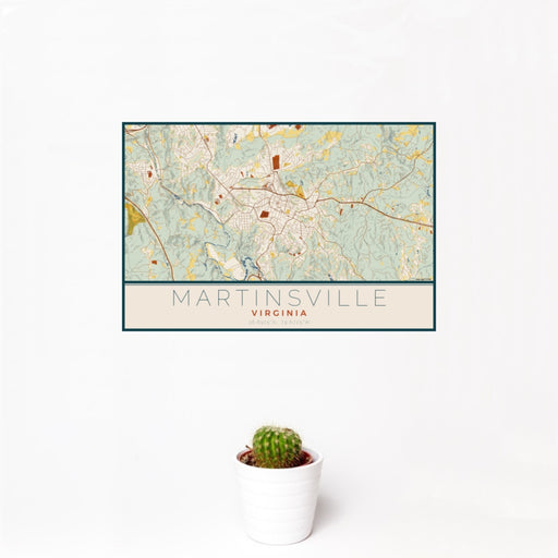 12x18 Martinsville Virginia Map Print Landscape Orientation in Woodblock Style With Small Cactus Plant in White Planter
