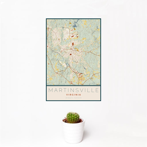 12x18 Martinsville Virginia Map Print Portrait Orientation in Woodblock Style With Small Cactus Plant in White Planter