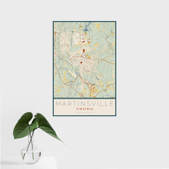 16x24 Martinsville Virginia Map Print Portrait Orientation in Woodblock Style With Tropical Plant Leaves in Water