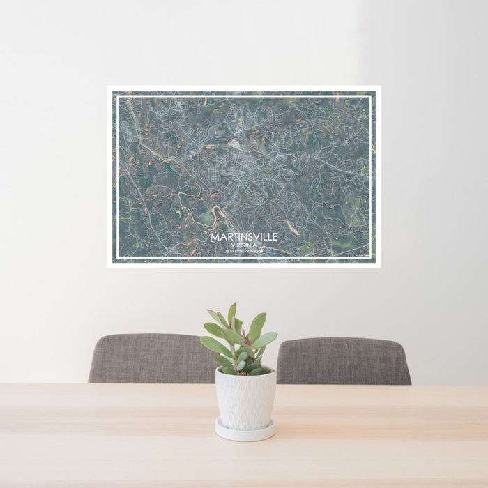 24x36 Martinsville Virginia Map Print Lanscape Orientation in Afternoon Style Behind 2 Chairs Table and Potted Plant