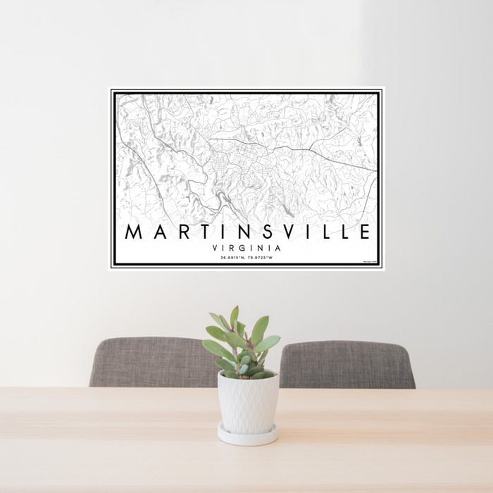 24x36 Martinsville Virginia Map Print Lanscape Orientation in Classic Style Behind 2 Chairs Table and Potted Plant