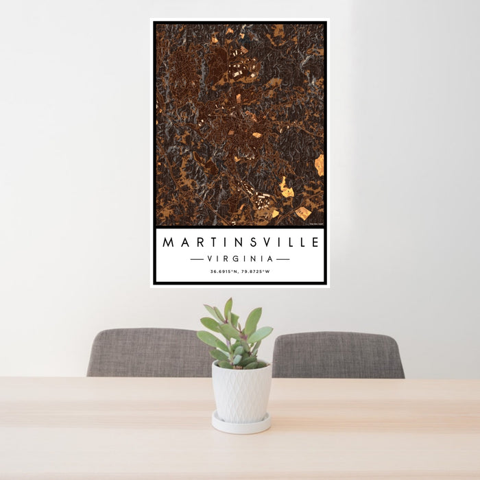 24x36 Martinsville Virginia Map Print Portrait Orientation in Ember Style Behind 2 Chairs Table and Potted Plant