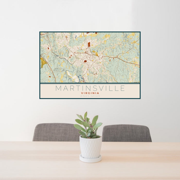 24x36 Martinsville Virginia Map Print Lanscape Orientation in Woodblock Style Behind 2 Chairs Table and Potted Plant