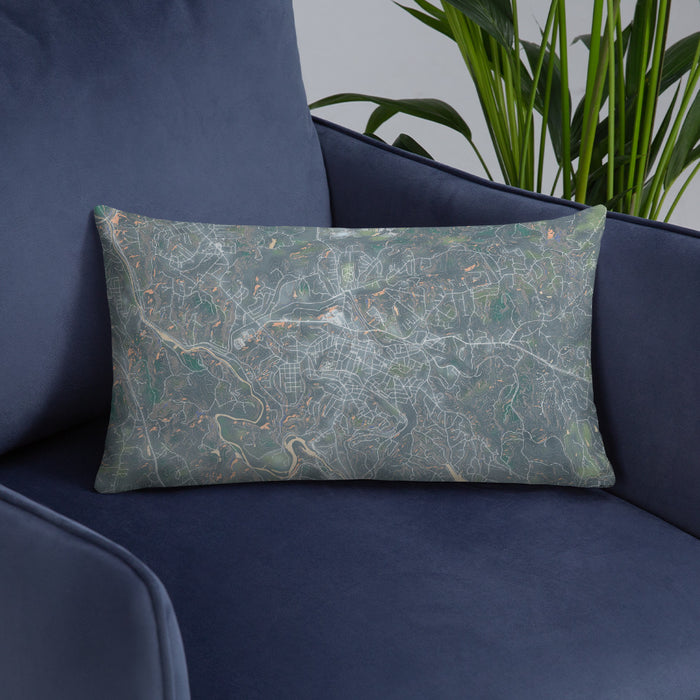 Custom Martinsville Virginia Map Throw Pillow in Afternoon on Blue Colored Chair