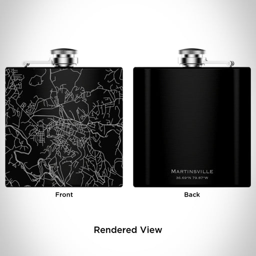 Rendered View of Martinsville Virginia Map Engraving on 6oz Stainless Steel Flask in Black
