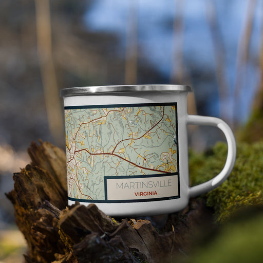Right View Custom Martinsville Virginia Map Enamel Mug in Woodblock on Grass With Trees in Background