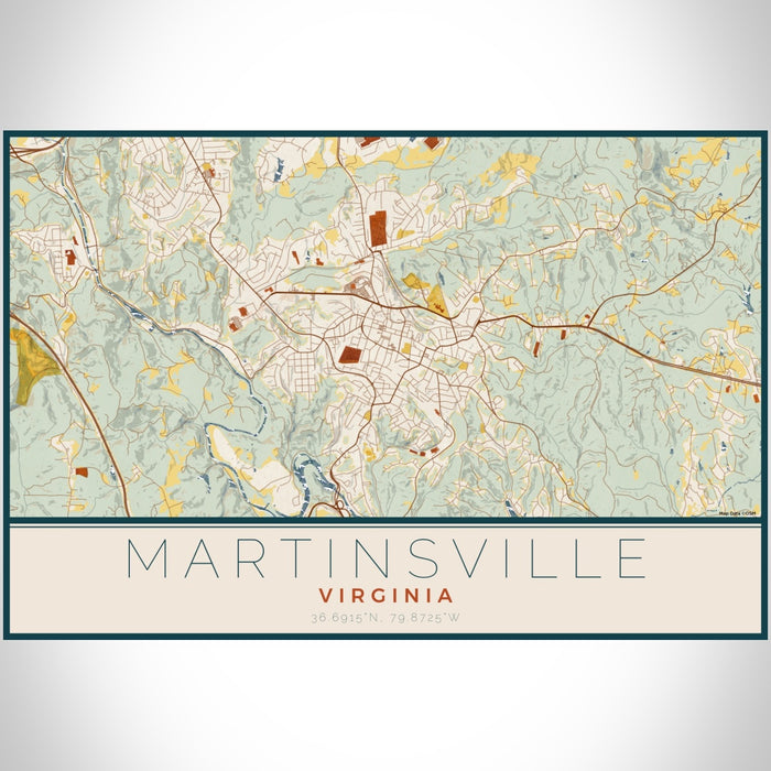 Martinsville Virginia Map Print Landscape Orientation in Woodblock Style With Shaded Background