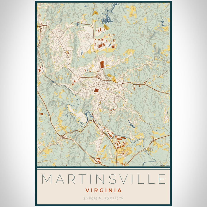 Martinsville Virginia Map Print Portrait Orientation in Woodblock Style With Shaded Background