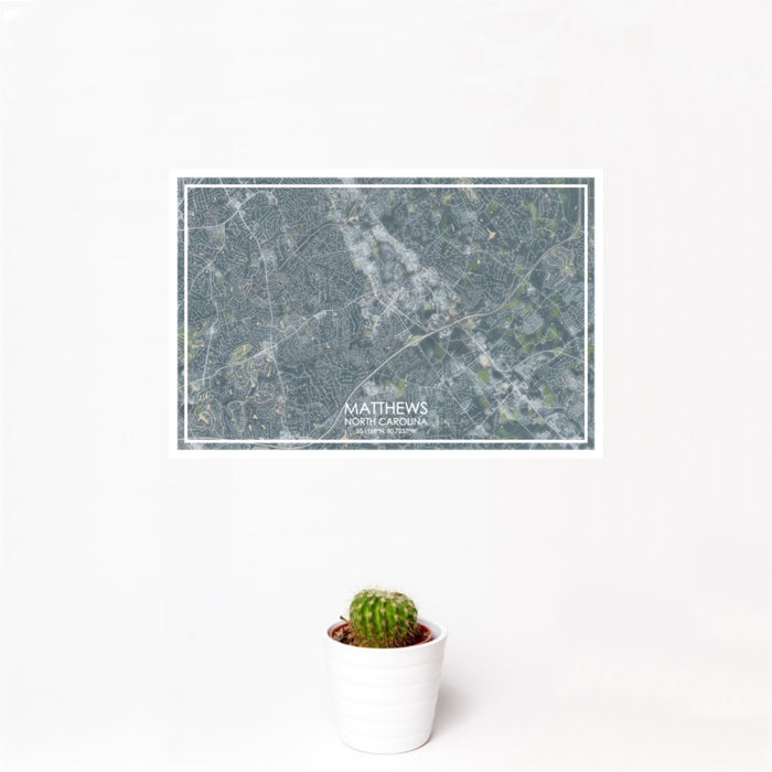 12x18 Matthews North Carolina Map Print Landscape Orientation in Afternoon Style With Small Cactus Plant in White Planter