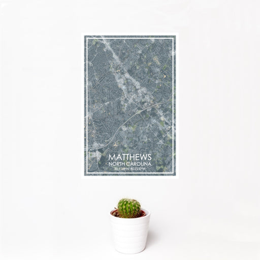 12x18 Matthews North Carolina Map Print Portrait Orientation in Afternoon Style With Small Cactus Plant in White Planter