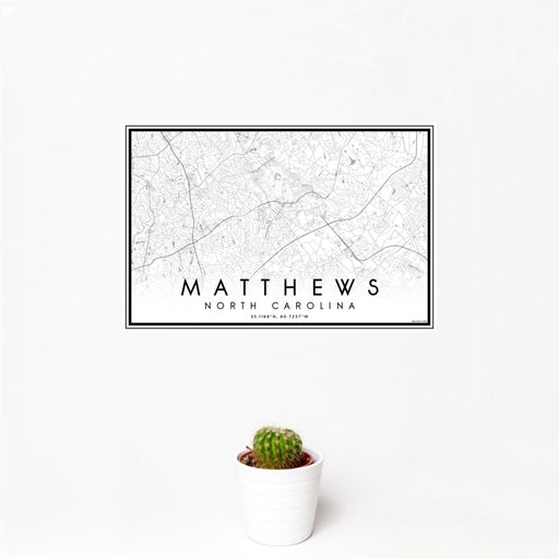 12x18 Matthews North Carolina Map Print Landscape Orientation in Classic Style With Small Cactus Plant in White Planter