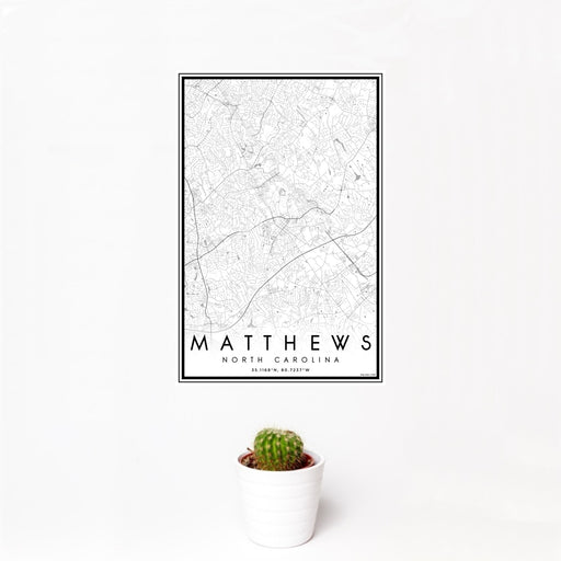 12x18 Matthews North Carolina Map Print Portrait Orientation in Classic Style With Small Cactus Plant in White Planter