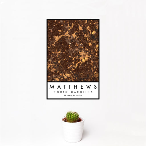 12x18 Matthews North Carolina Map Print Portrait Orientation in Ember Style With Small Cactus Plant in White Planter