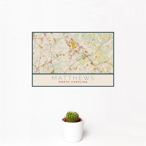 12x18 Matthews North Carolina Map Print Landscape Orientation in Woodblock Style With Small Cactus Plant in White Planter
