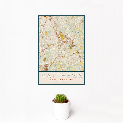 12x18 Matthews North Carolina Map Print Portrait Orientation in Woodblock Style With Small Cactus Plant in White Planter