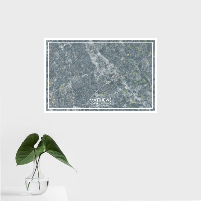 16x24 Matthews North Carolina Map Print Landscape Orientation in Afternoon Style With Tropical Plant Leaves in Water
