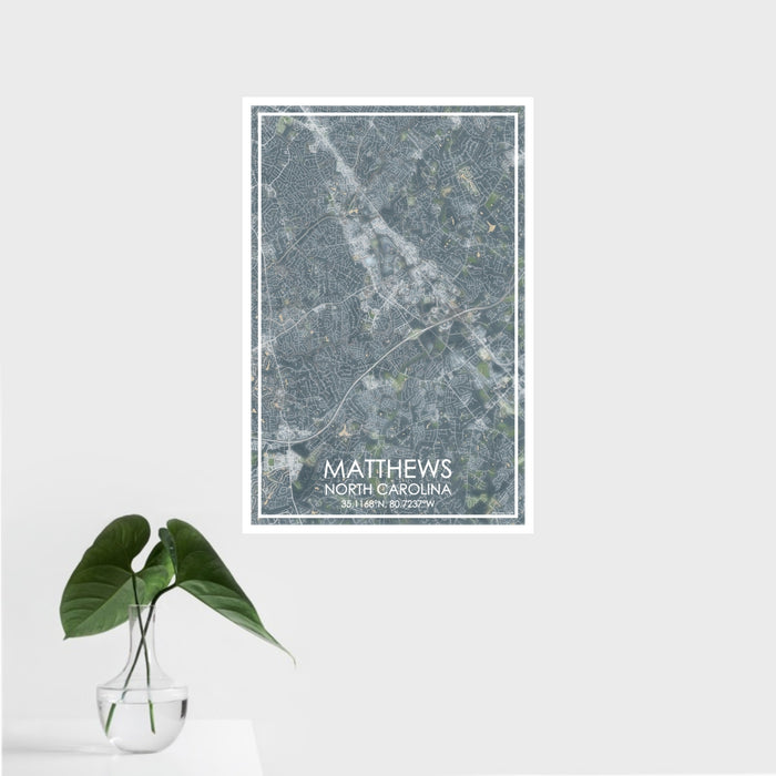 16x24 Matthews North Carolina Map Print Portrait Orientation in Afternoon Style With Tropical Plant Leaves in Water