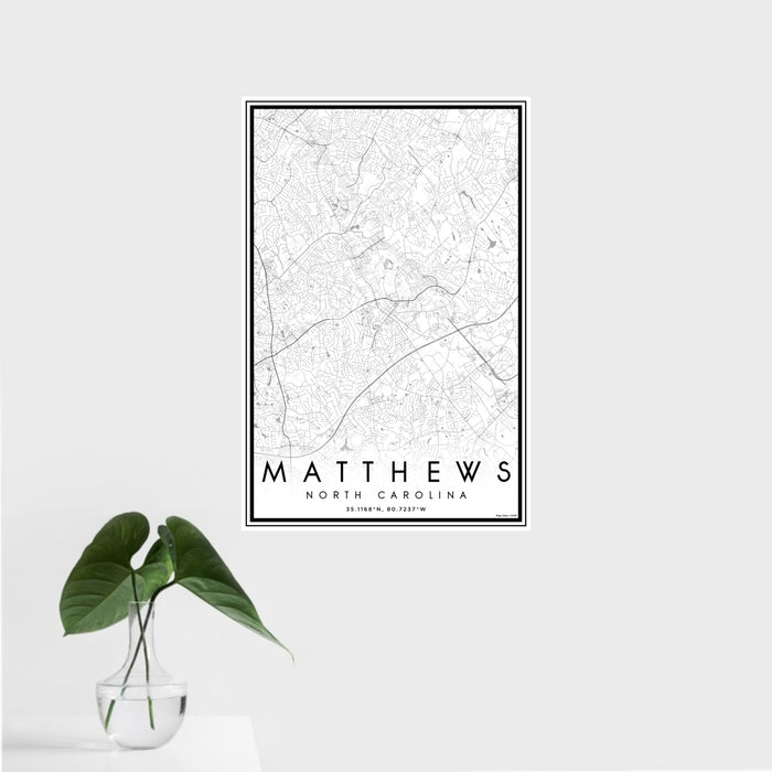 16x24 Matthews North Carolina Map Print Portrait Orientation in Classic Style With Tropical Plant Leaves in Water