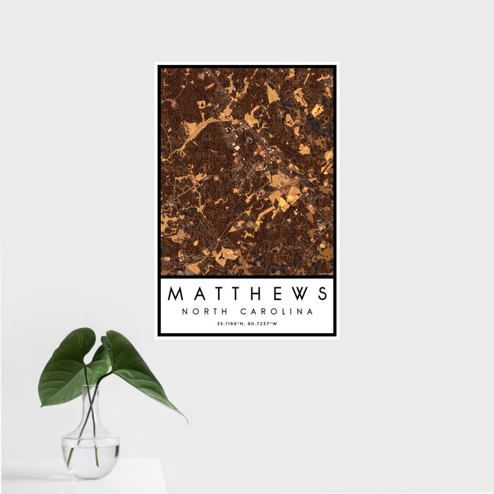 16x24 Matthews North Carolina Map Print Portrait Orientation in Ember Style With Tropical Plant Leaves in Water