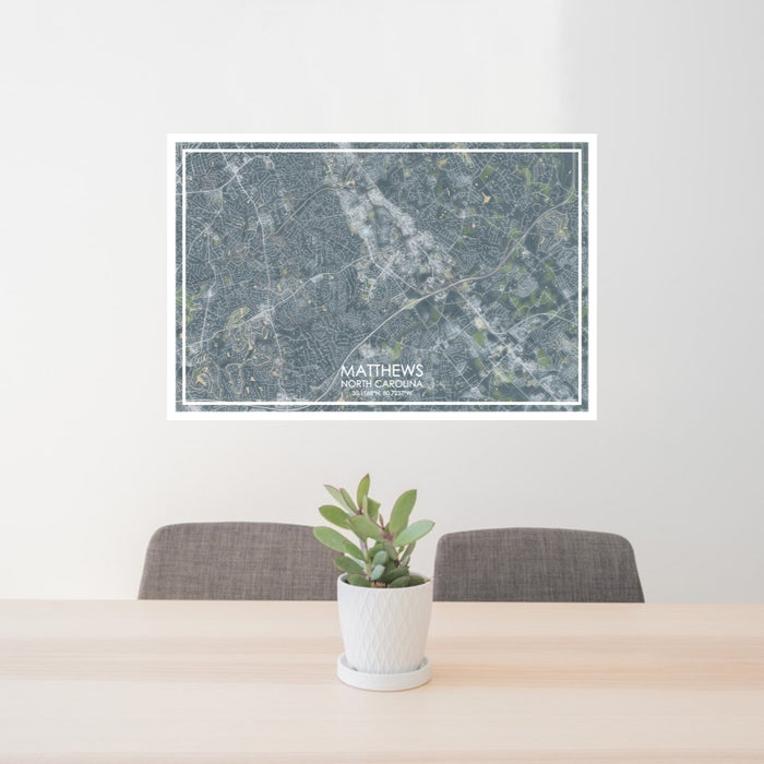 24x36 Matthews North Carolina Map Print Lanscape Orientation in Afternoon Style Behind 2 Chairs Table and Potted Plant