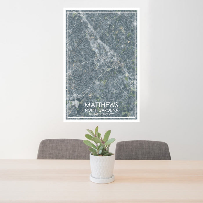 24x36 Matthews North Carolina Map Print Portrait Orientation in Afternoon Style Behind 2 Chairs Table and Potted Plant