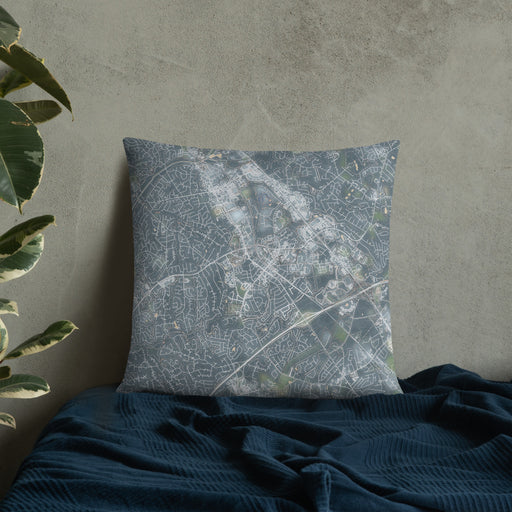 Custom Matthews North Carolina Map Throw Pillow in Afternoon on Bedding Against Wall