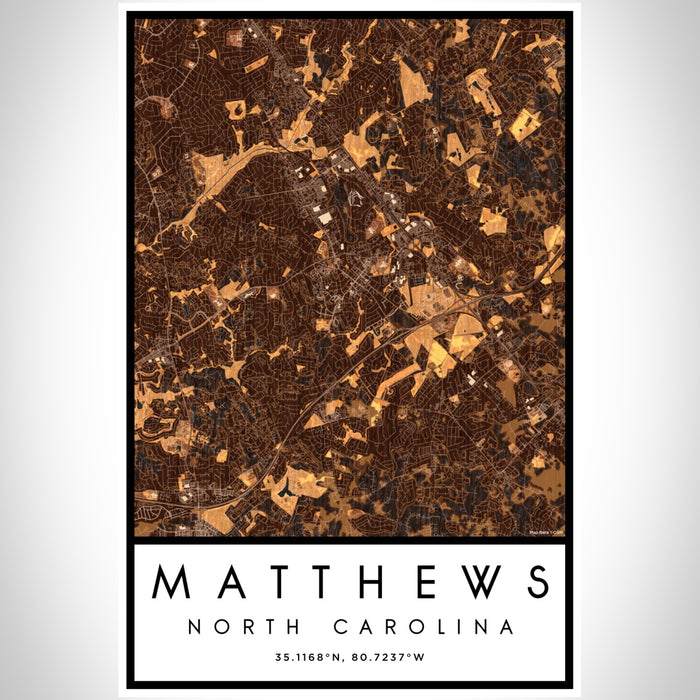 Matthews North Carolina Map Print Portrait Orientation in Ember Style With Shaded Background