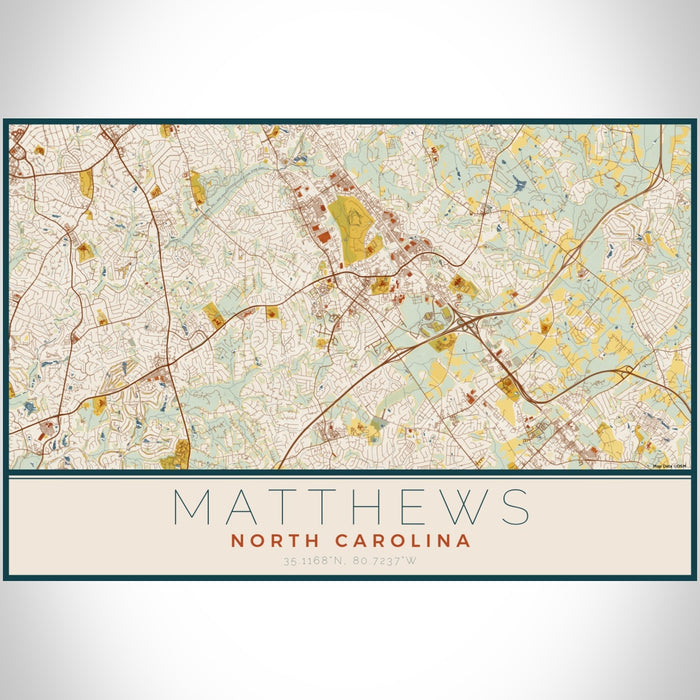 Matthews North Carolina Map Print Landscape Orientation in Woodblock Style With Shaded Background