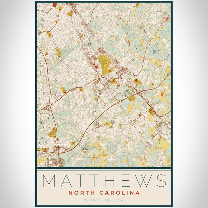Matthews North Carolina Map Print Portrait Orientation in Woodblock Style With Shaded Background