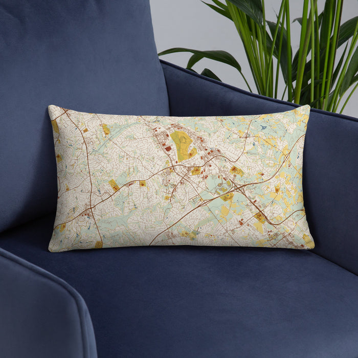 Custom Matthews North Carolina Map Throw Pillow in Woodblock on Blue Colored Chair