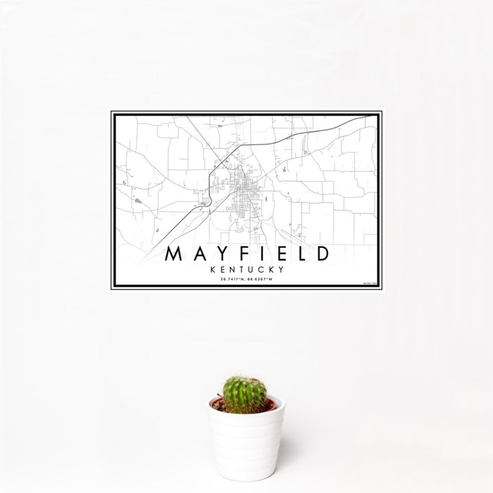 12x18 Mayfield Kentucky Map Print Landscape Orientation in Classic Style With Small Cactus Plant in White Planter
