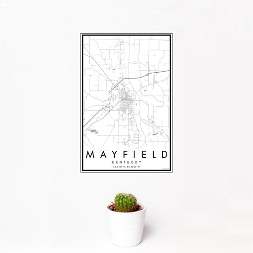 12x18 Mayfield Kentucky Map Print Portrait Orientation in Classic Style With Small Cactus Plant in White Planter