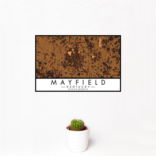 12x18 Mayfield Kentucky Map Print Landscape Orientation in Ember Style With Small Cactus Plant in White Planter