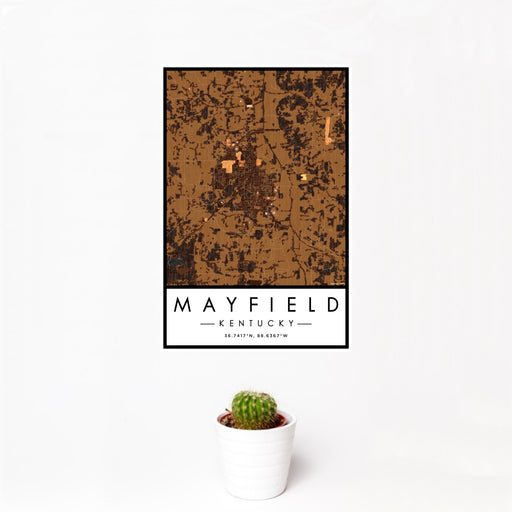 12x18 Mayfield Kentucky Map Print Portrait Orientation in Ember Style With Small Cactus Plant in White Planter