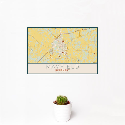 12x18 Mayfield Kentucky Map Print Landscape Orientation in Woodblock Style With Small Cactus Plant in White Planter